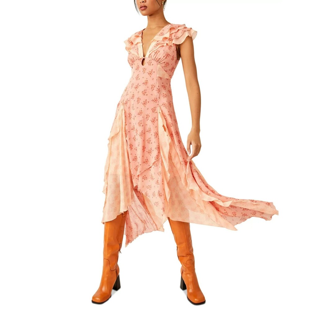 Free People Pink Floral Ruffle Maxi Dress Boho Romantic Cottagecore Festival